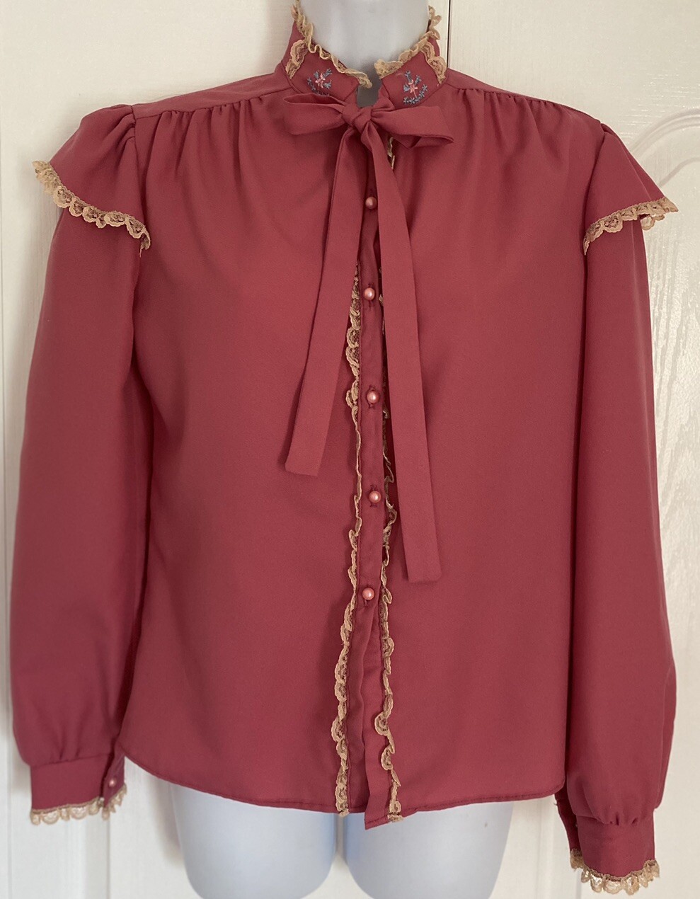 Vintage Top Blouse Pearlette Prairie Cottagecore Sleeve Mauve Pink Tie Small