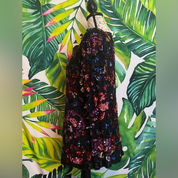 Vintage 80s Womens Party S 100% Silk Black Red Pink Floral Beaded Sequin Blouse