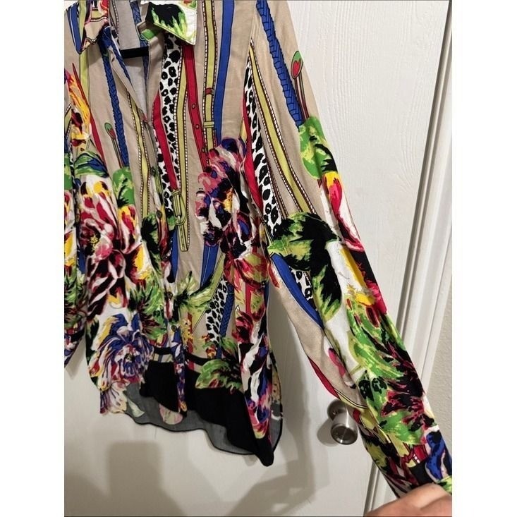 Vintage Mischa Vibrant Floral Button Down Tunic Long Sleeve Blouse Women’s Small