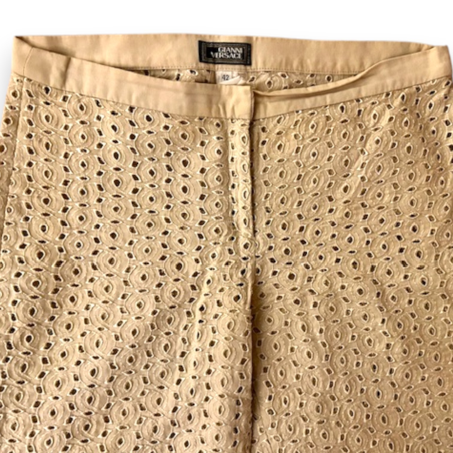 Gianni Versace Vintage Couture Ecru Unlined Lace Eyelet Pants Made in Italy Rare