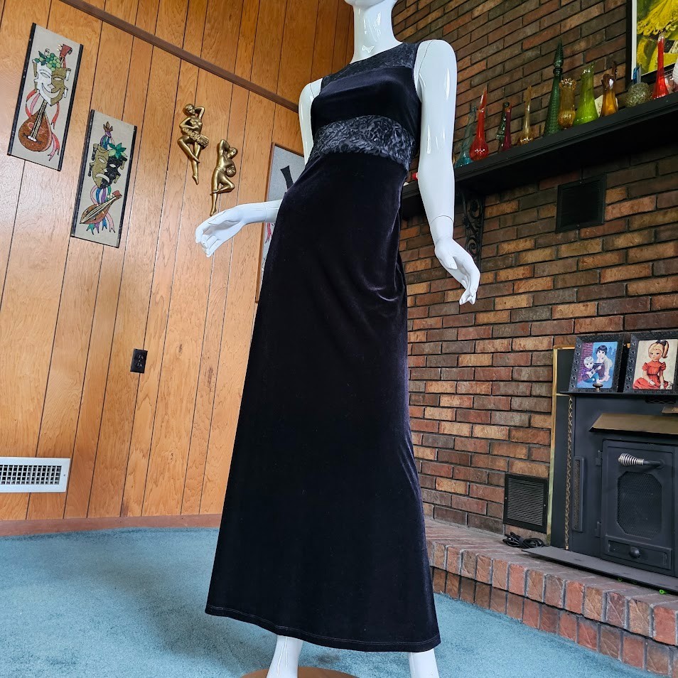 Vtg 90s Goth Club Sheer Burnout Velvet Stretch Maxi Dress Evening Prom Gown S/M