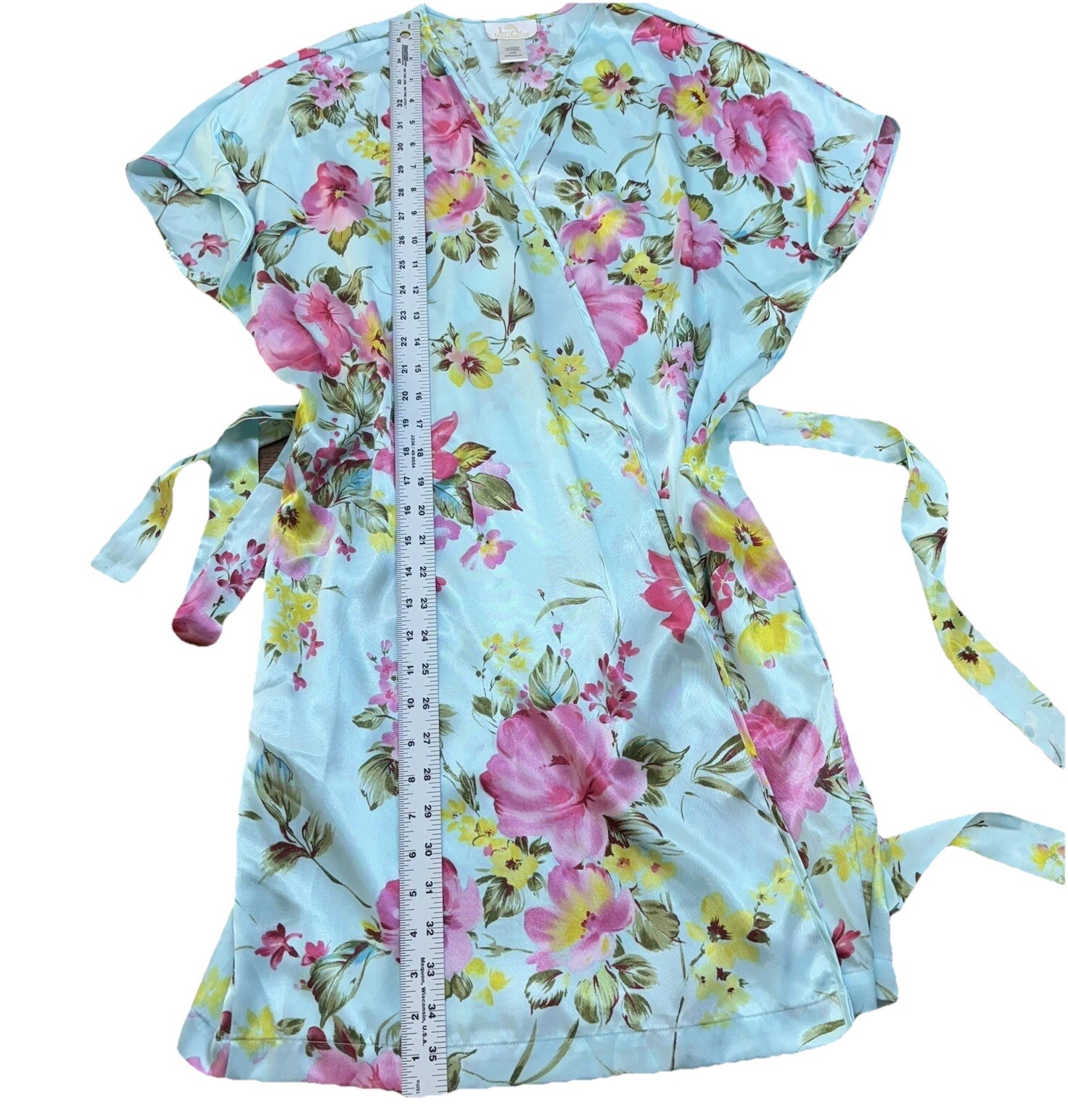 VTG LA Intimates Sz L Robe SS Kimono Wrap Blue Floral Romantic Garden Flowers