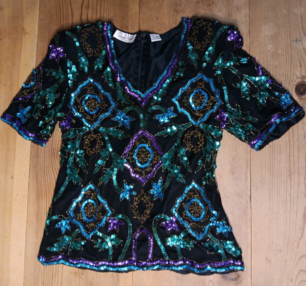 Vtg Laurence Kazar Womens L 100% Silk Top Beaded Sequin Special Occasion Party