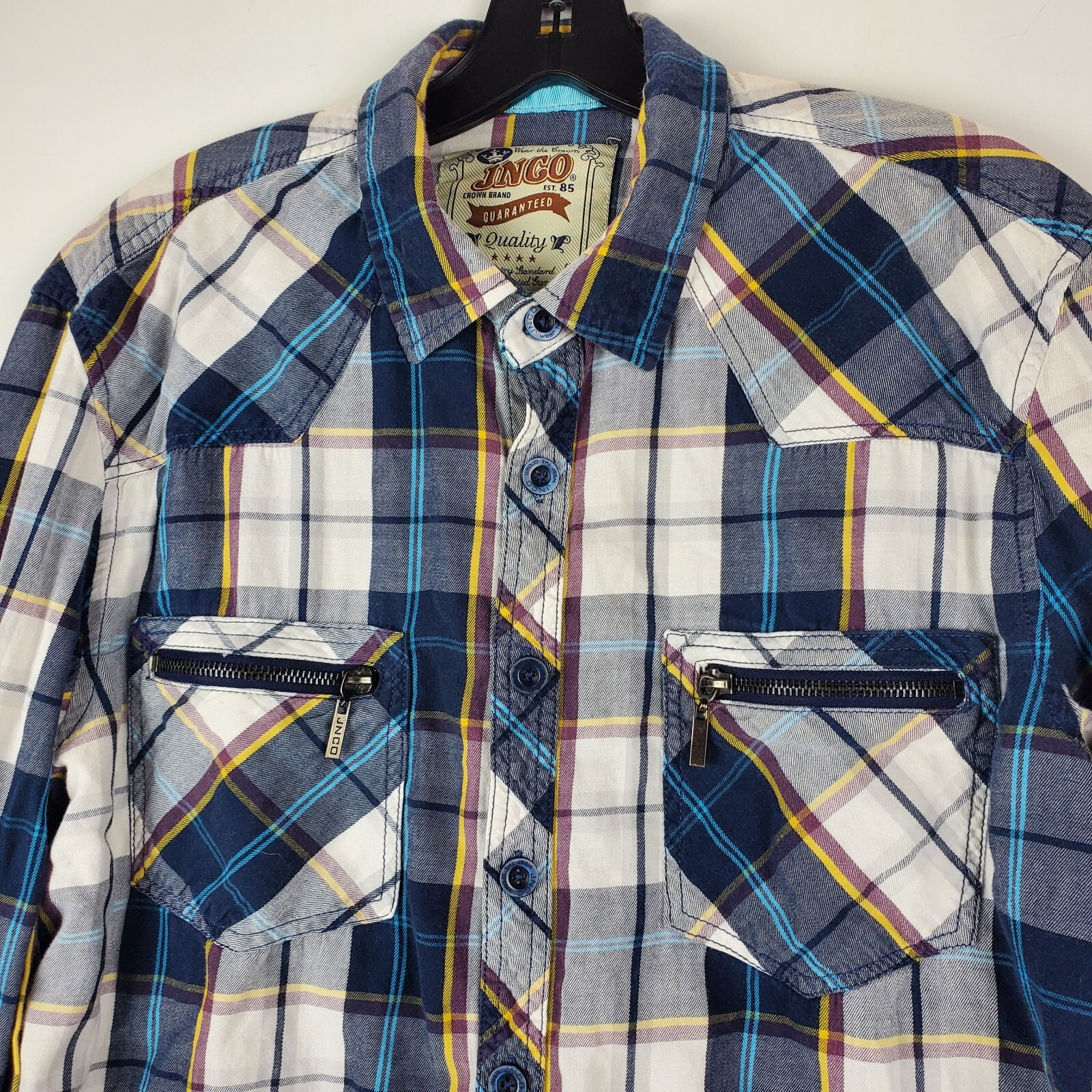 Vintage JNCO Shirt Womens Medium Blue White Tartan Plaid Button Up Casual Y2K