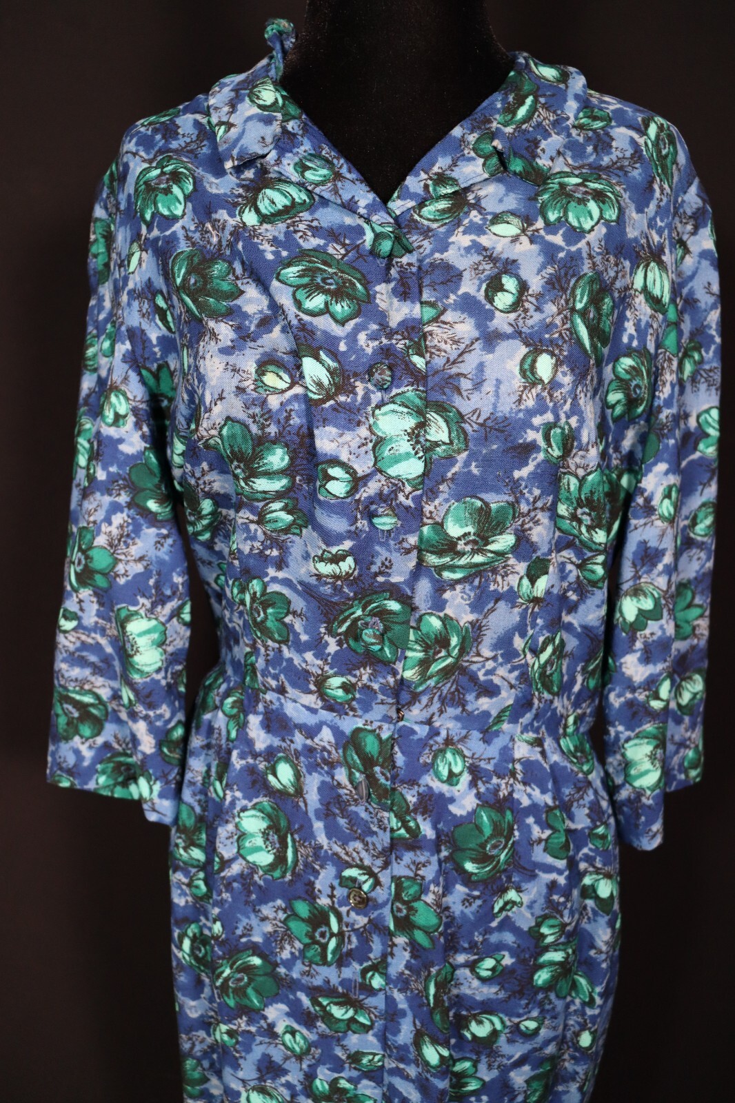 Rare Vintage 1950’s-1960’s Blue Wool Floral Print Dress Size 8-10
