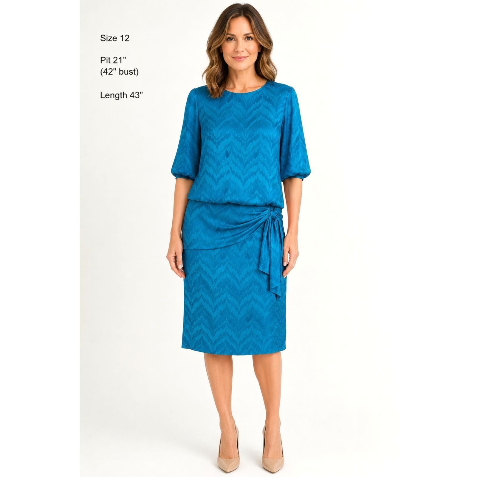 Vintage Argenti Pure Silk Teal Jacquard Dress Ruched Side Knot Size 12 43″ Midi