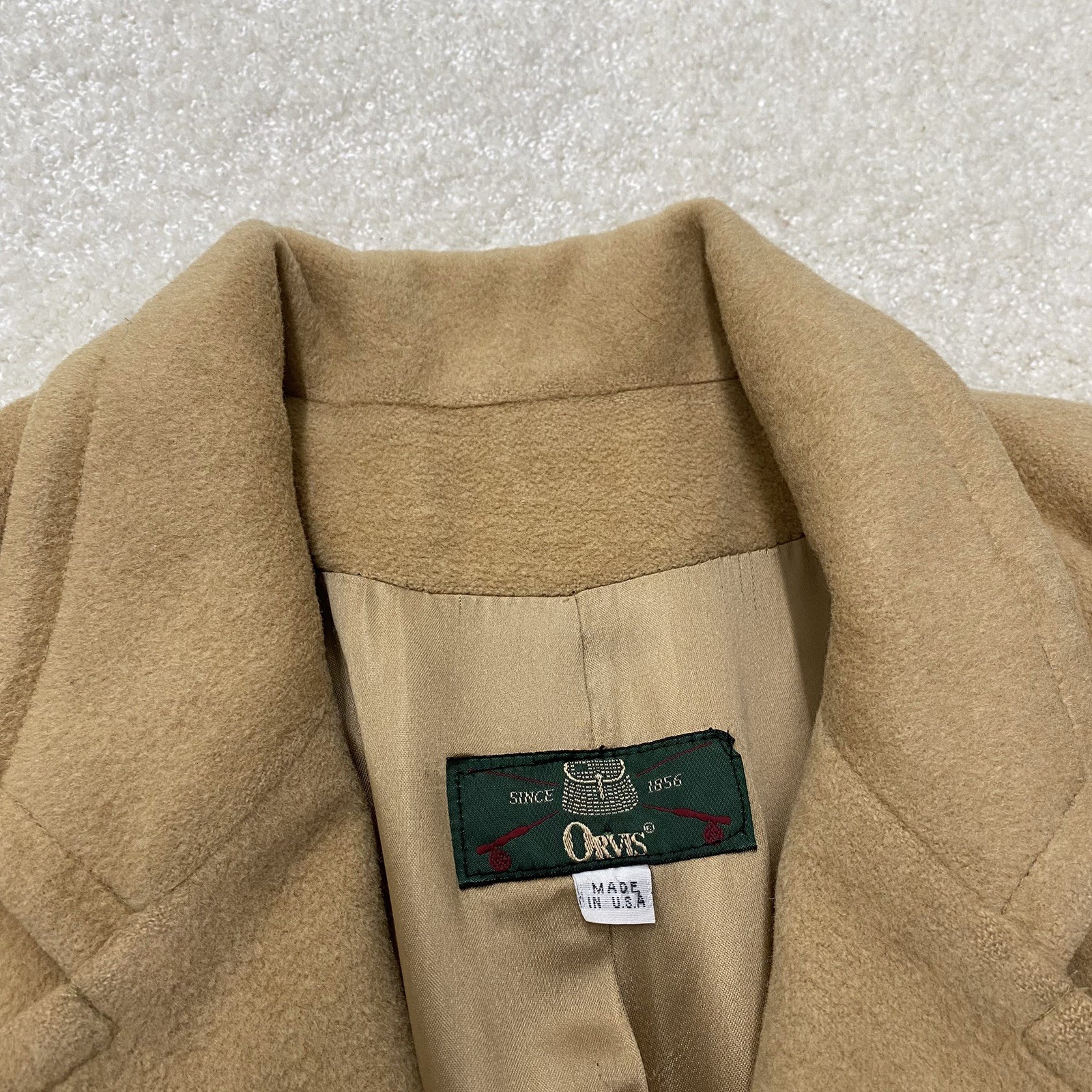 Vintage Womens 100% Camel Hair ORVIS Tan/Camel Satin Lined Trench Coat Size 8