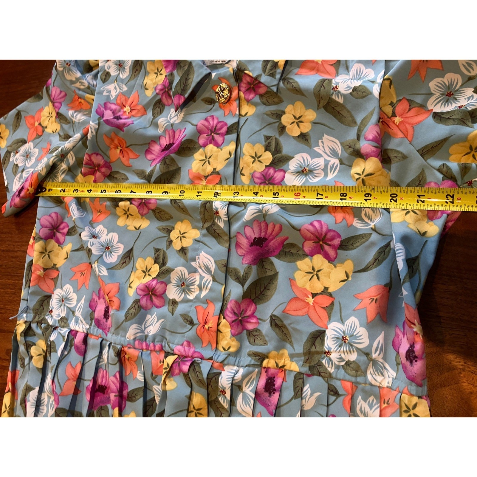 Lady Carol of New York Vintage Floral Pleated Midi Dress Blue Short Sleeve 80s