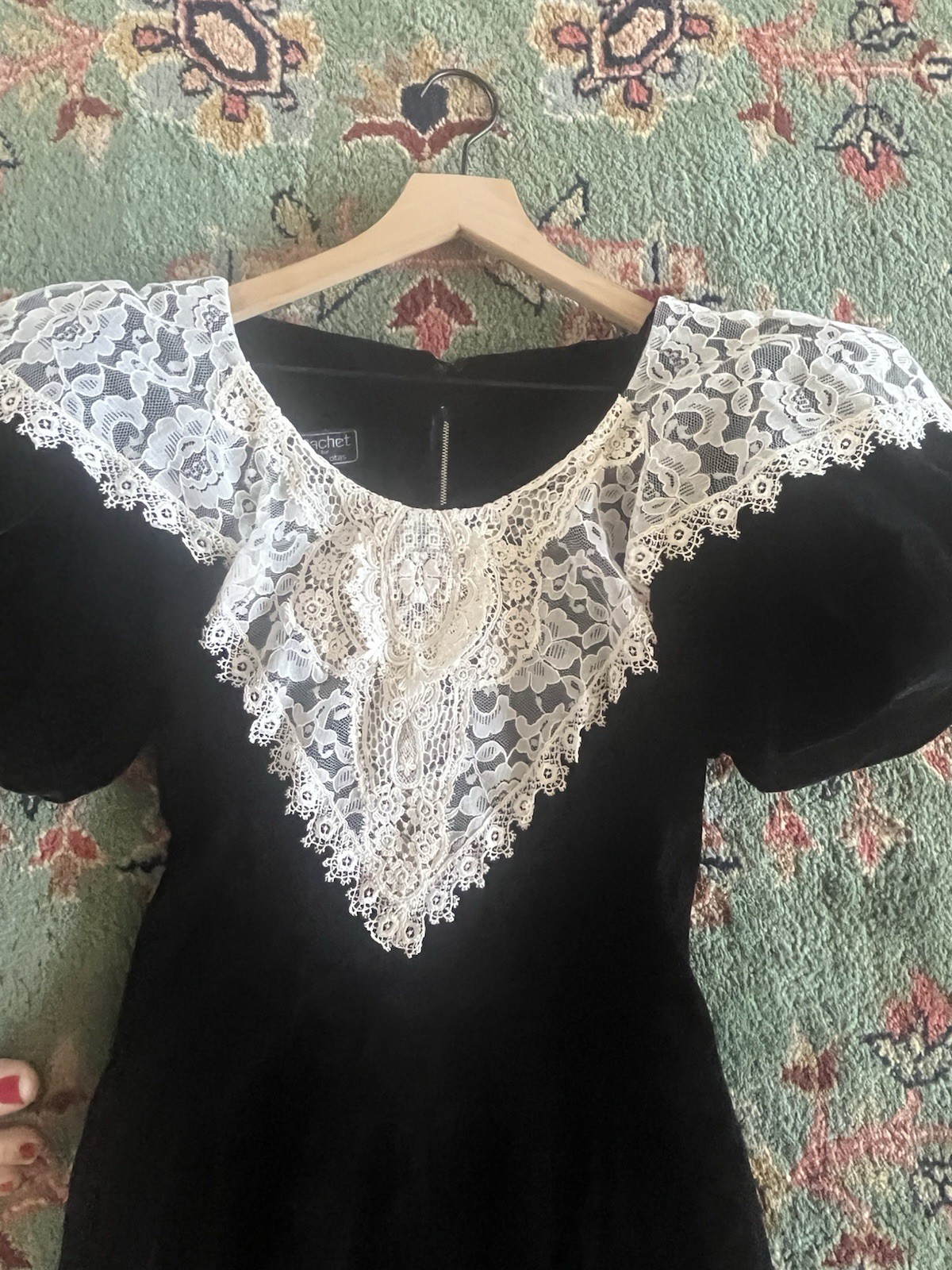 Vintage Cachet by Bari Protas Black Velvet Lace Collar Dress 80s Victoriana 5/6