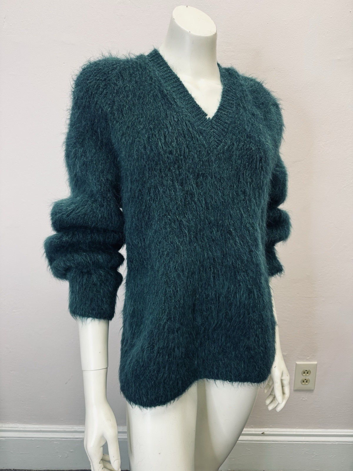 Vtg 50s 60s teal blue green Mohair Kurt Cobain V neck sweater Distressed L
