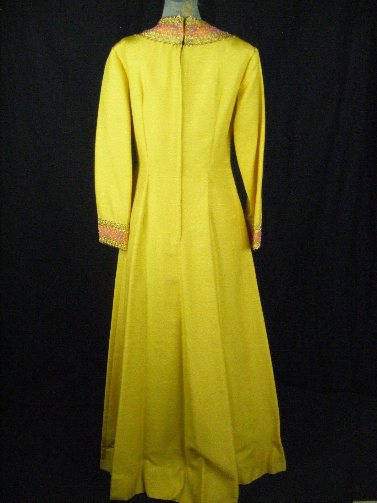 EMMA DOMB Vtg 60s Yellow Crepe Jeweled Embellishment Dress-Bust 36/S,AS-IS
