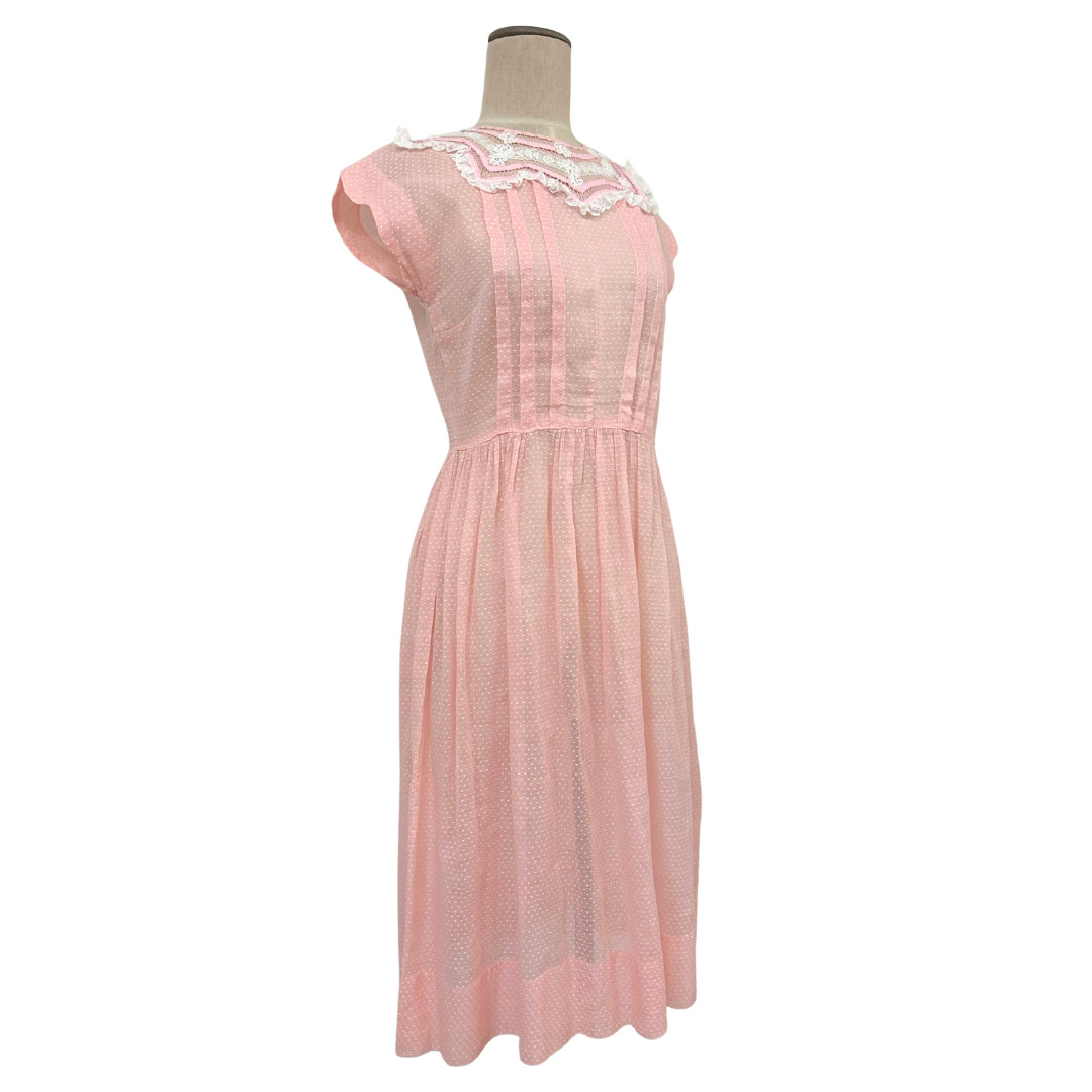 Vintage 1930s Pink Dotted Swiss Semi Sheer Fit n Flare Day Dress