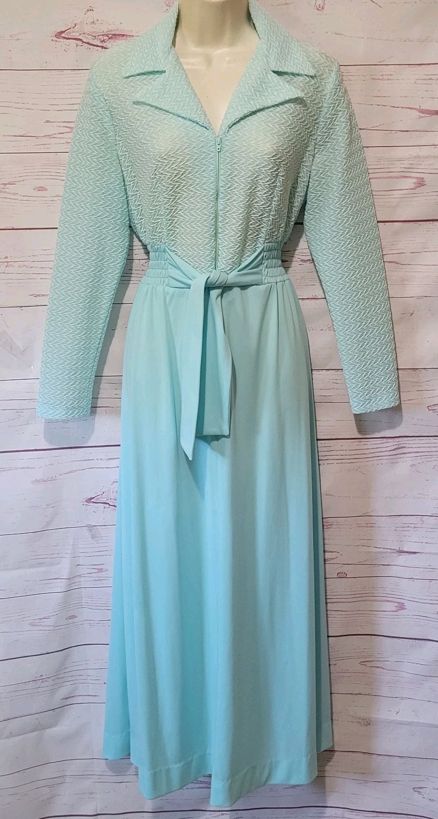 Vtg 60s Super Mod Lounging Gown Hostess Maxi M Baby Blue Zip Front Smocked Waist