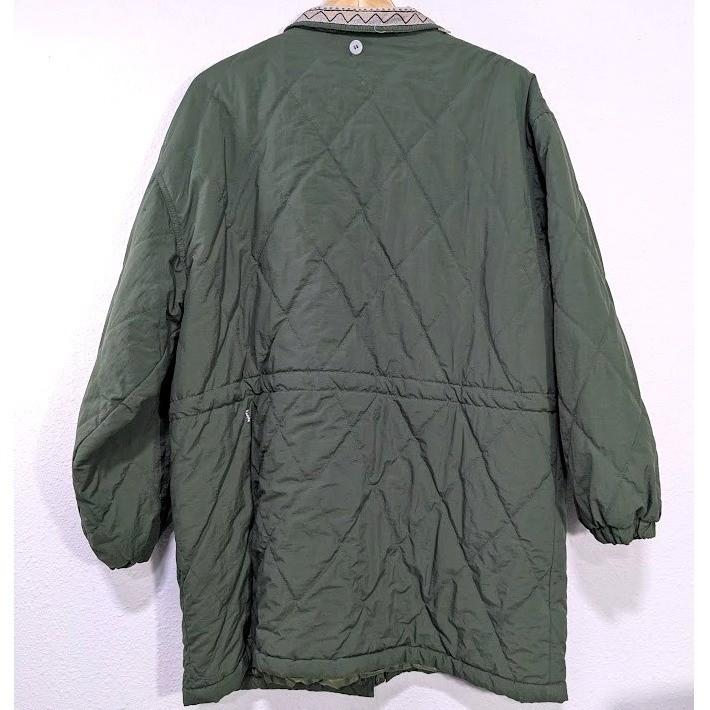 Vintage Olive Green M Quilted Parka Jacket Patterned Collar Drawstring Waist