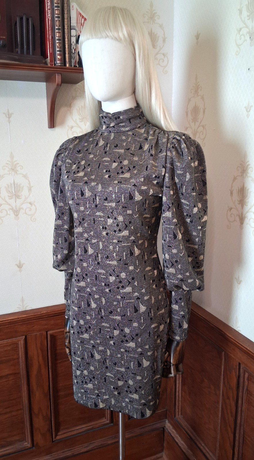 Vintage 80s All that Jazz Metallic Gold New Wave Puff Sleeve Bodycon Mini Dress