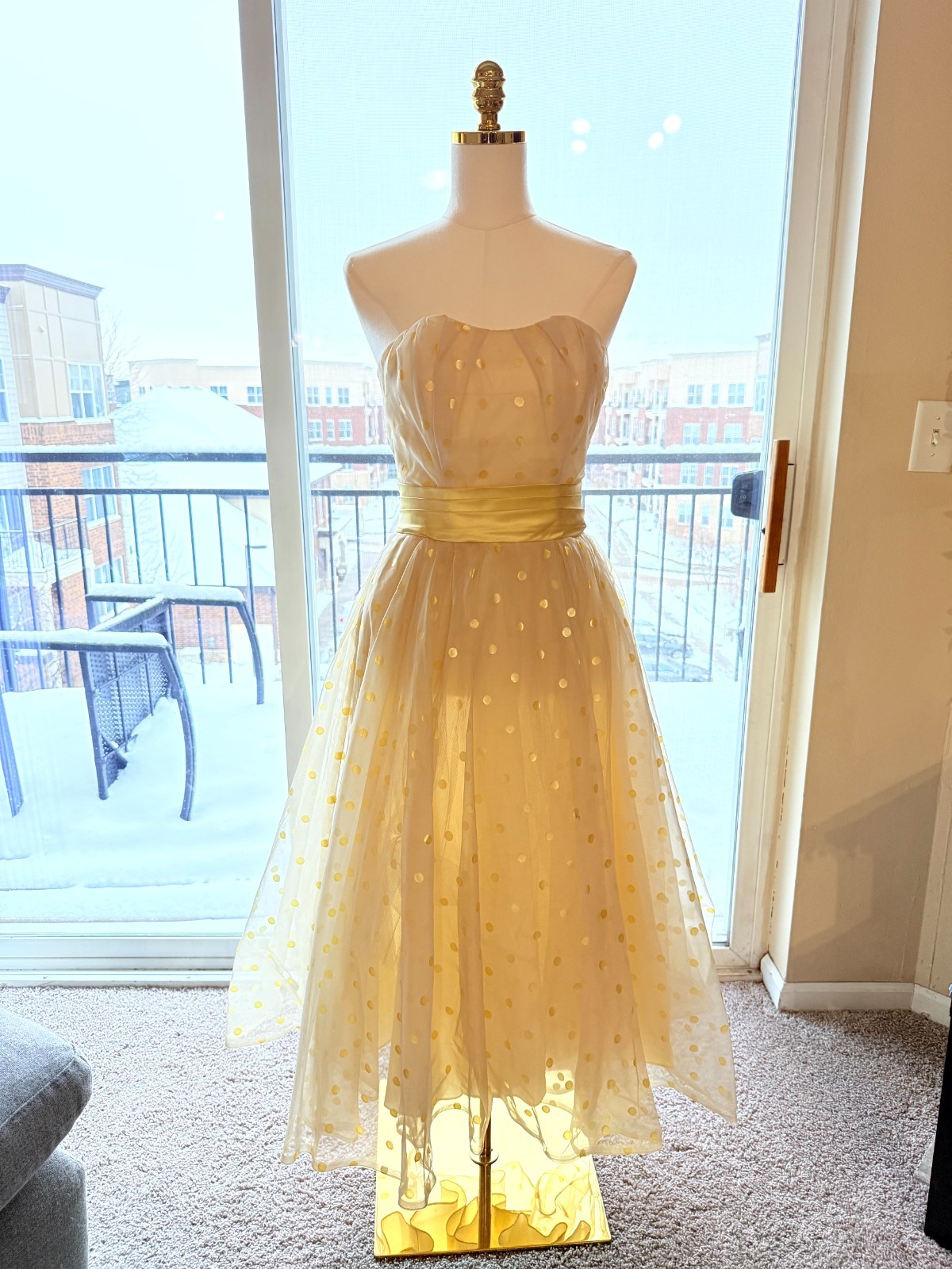 Vintage 1950s White Dress Yellow Polka Dots Tulle Chiffon Union Made