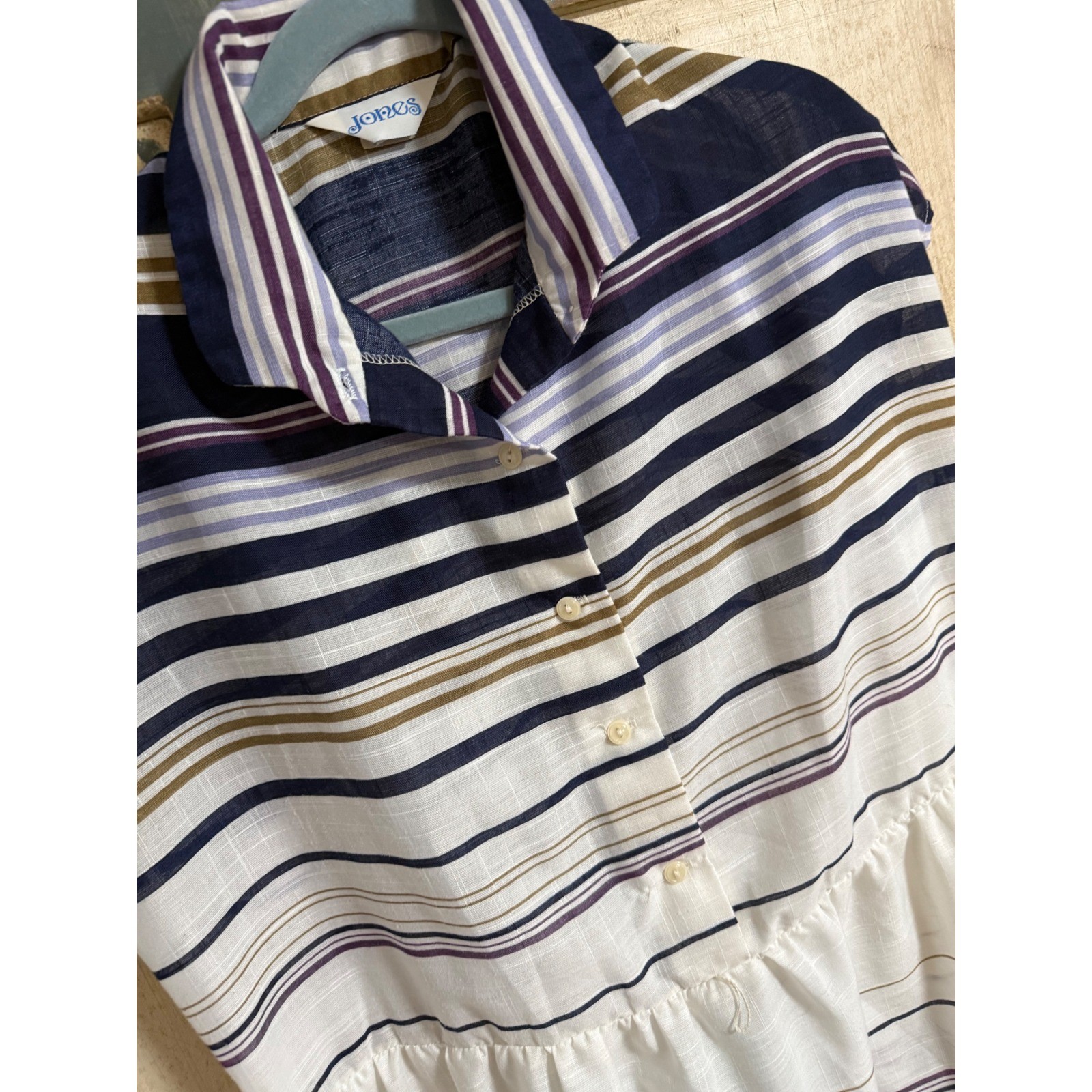 Vintage Jones New York Striped Shirt Dress Navy Purple White Elastic Waist 12