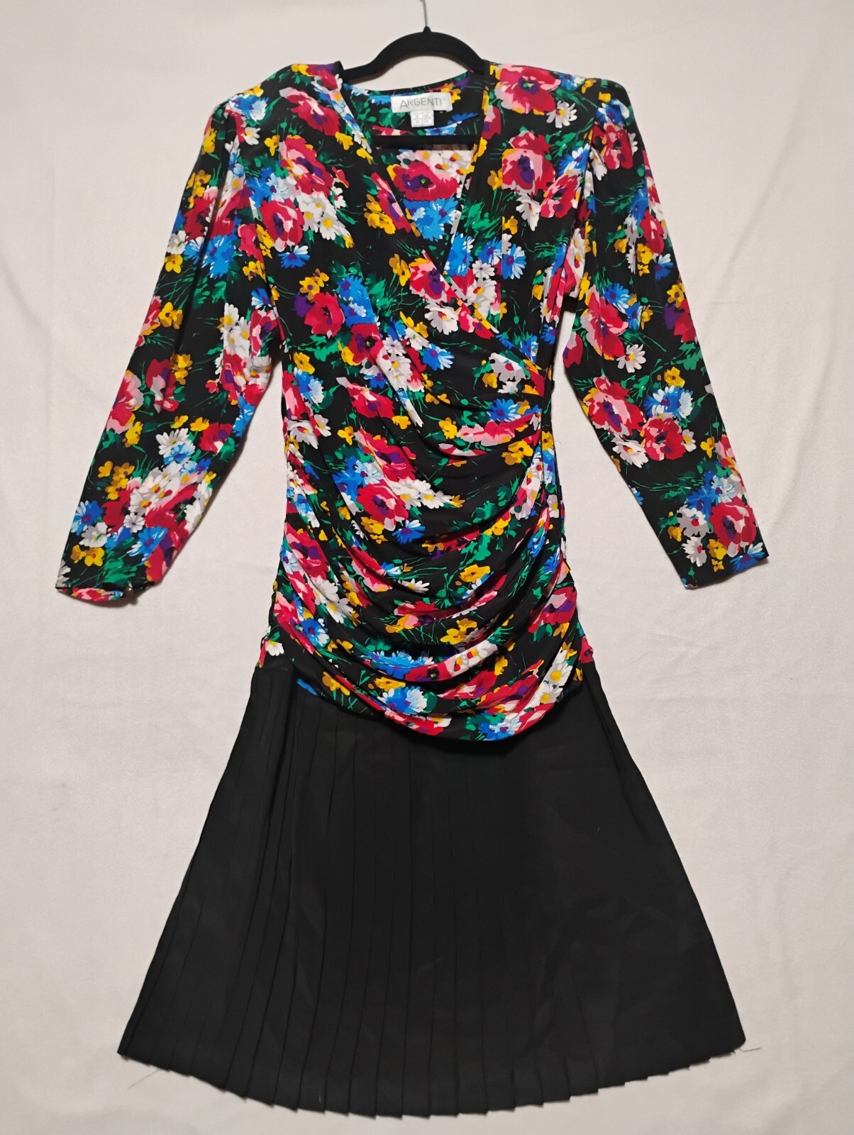 Vintage Argenti Womens Dress 6 Silk Retro Floral Pleated Shimmer Drop Waist