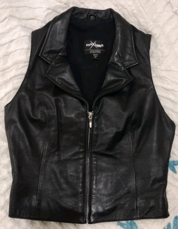 Maxima Wilsons Vest Leather Women’s Size M Med Black Collar Zipper Zip VGC VTG