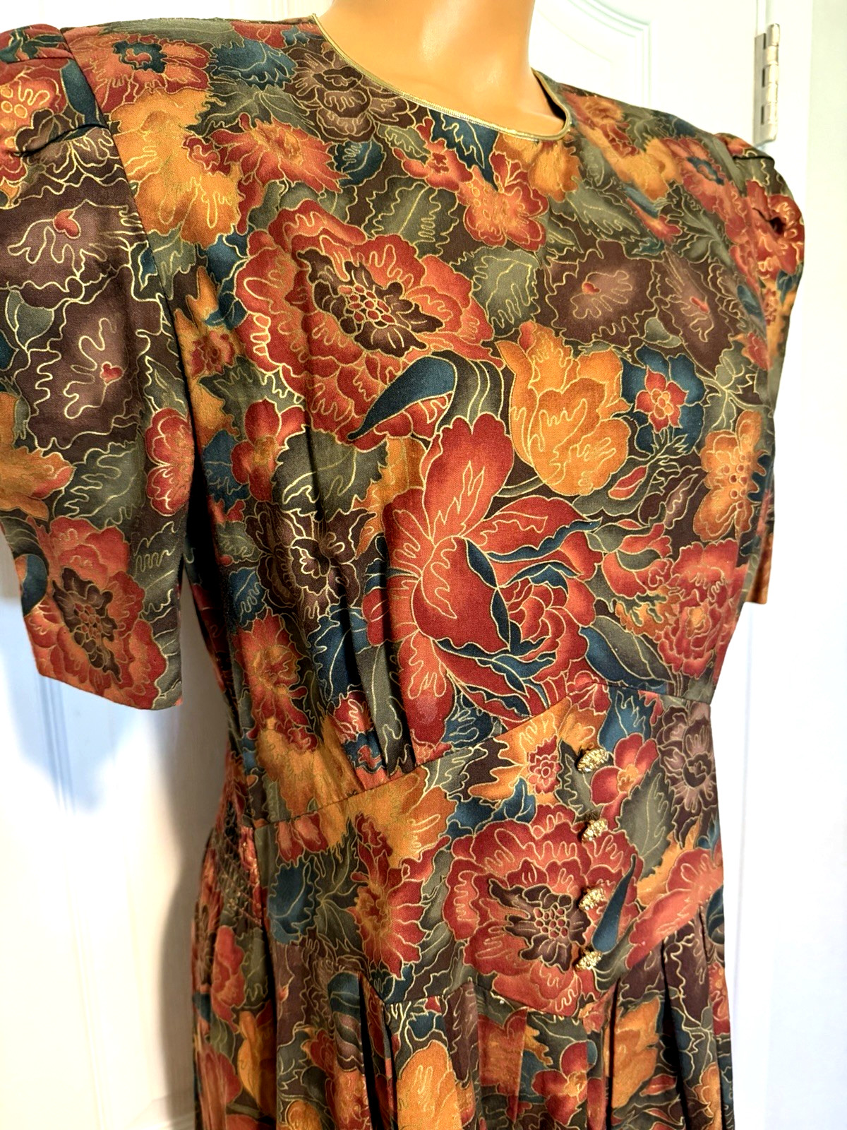 VTG 80’s MISS DORBY AUTUMN FLORAL COTTON BLEND RETRO DRESS SZ 12 (M-L)
