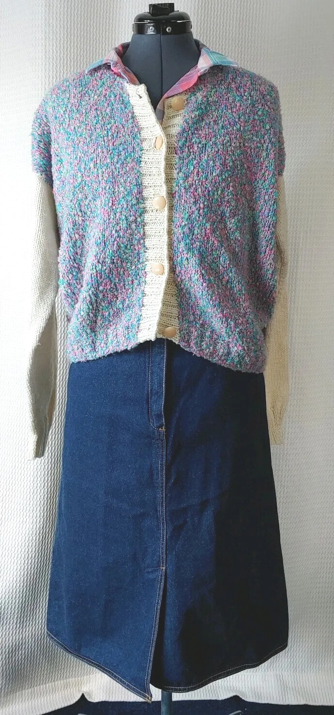 Vtg Handmade Knitted Multicolored Sweater Cardigan w Cream Sleeves 46″ Bust XL?