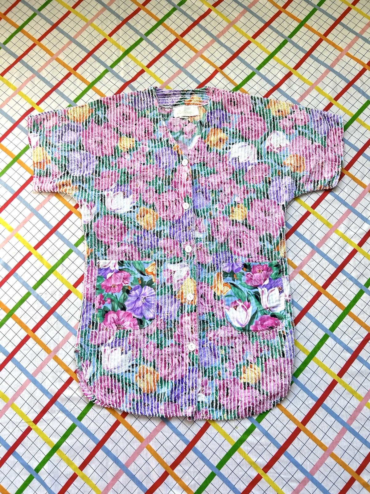VTG Herbcrafft Floral Textured Chenille House Dress Small 80s 90s Button Front