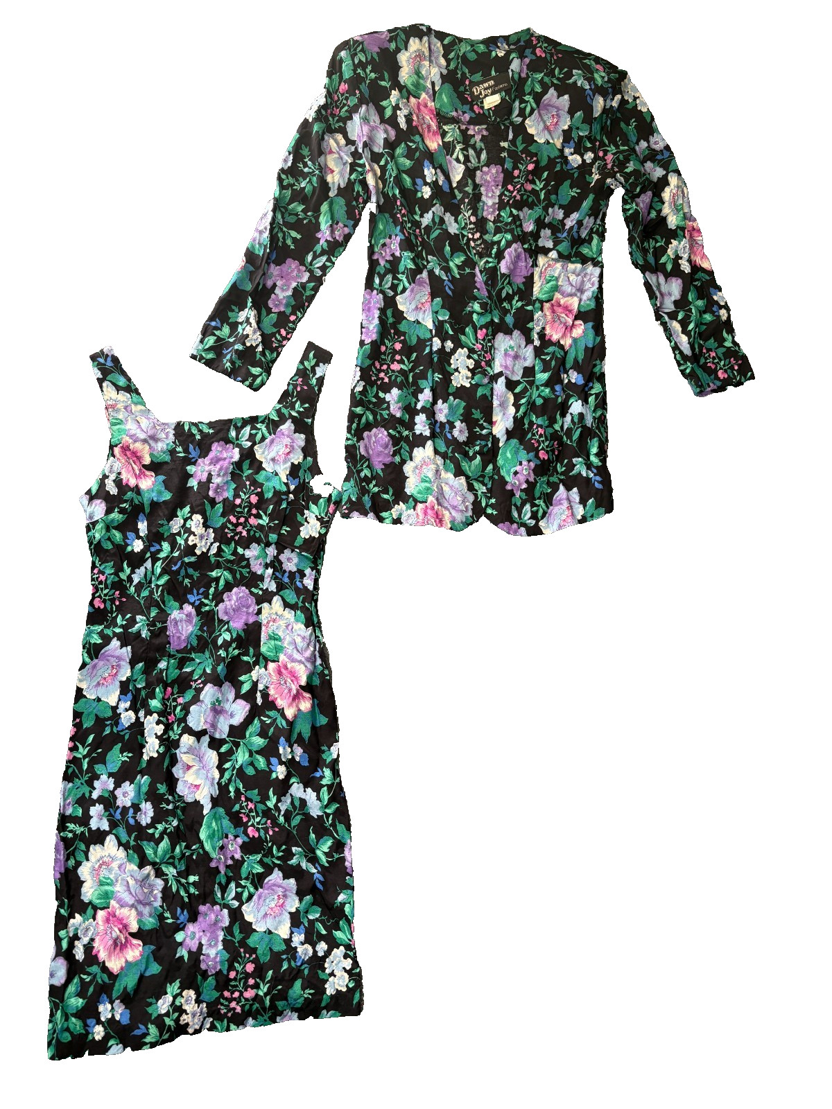 DAWN JOY Formal Dress & Jacket Outfit Button Up Womens 3 – 4 Floral Black VTG
