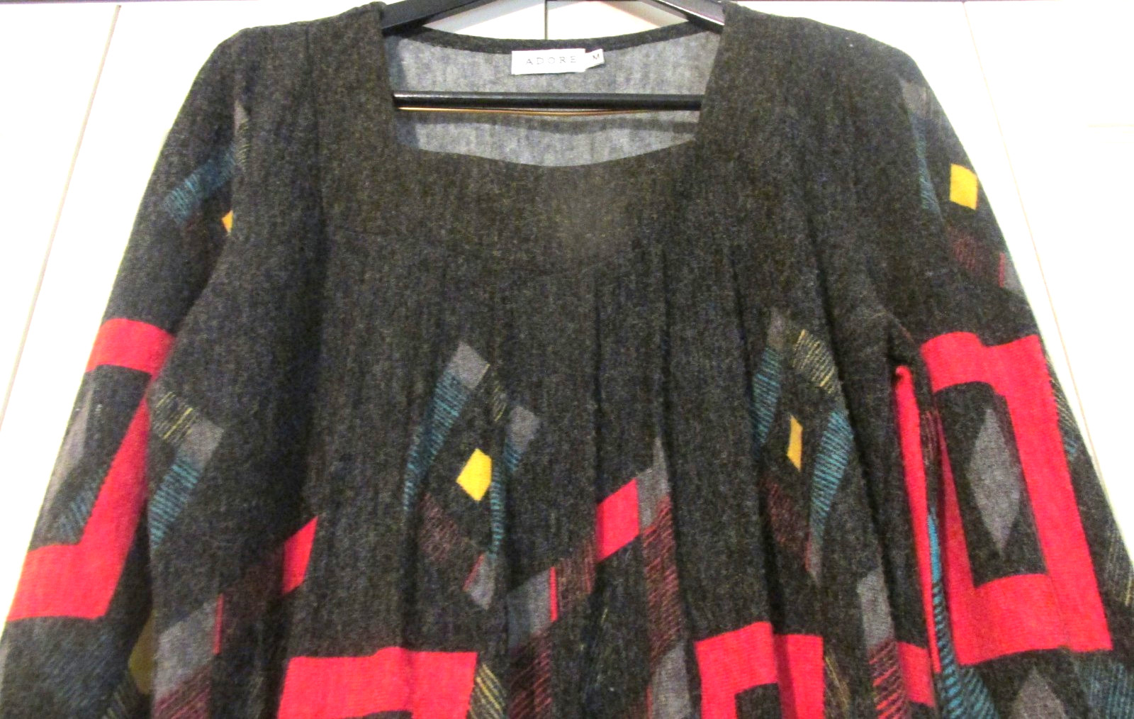 Vtg. ADORE Women’s M L/S Black Geometric Print Mod BoHo Knit Dress