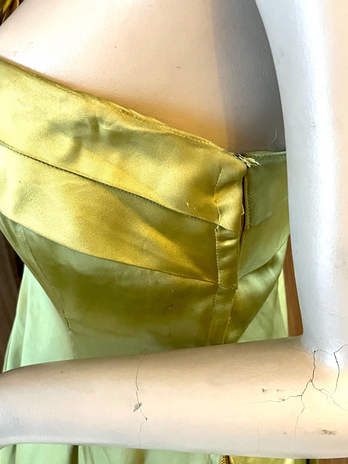 1950s CEIL CHAPMAN Silk Satin Gown Green Gold One Shoulder Full Skirt Dress