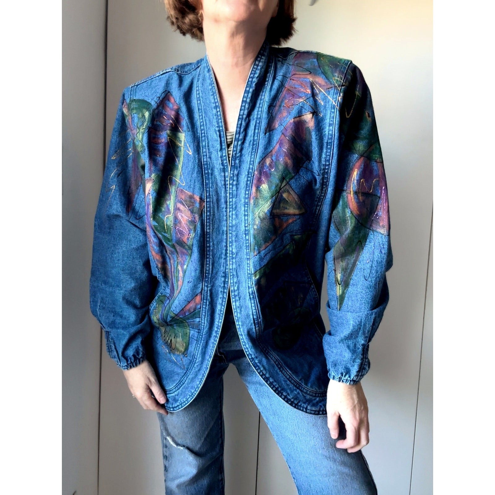 Vintage 80s Denim Jacket Size small Made USA Handpainted Retro Era Unique