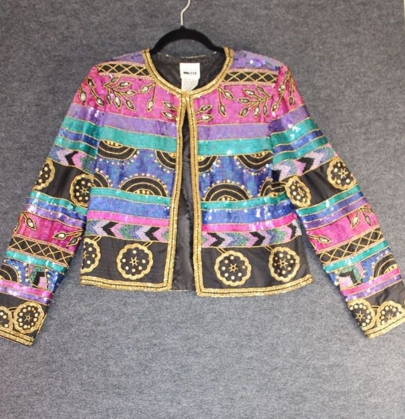 Leslie Fay Evenings Vintage Sequin and Beaded Floral Evening Blazer Jacket