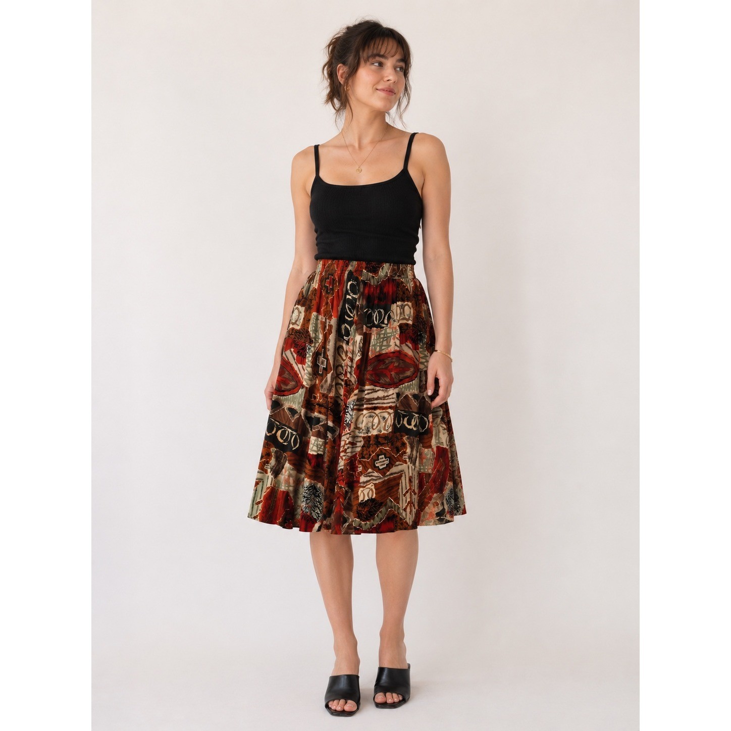 Two Twenty Vintage 90s Rayon Midi Skirt Abstract Geometric Rust Orange Large Art