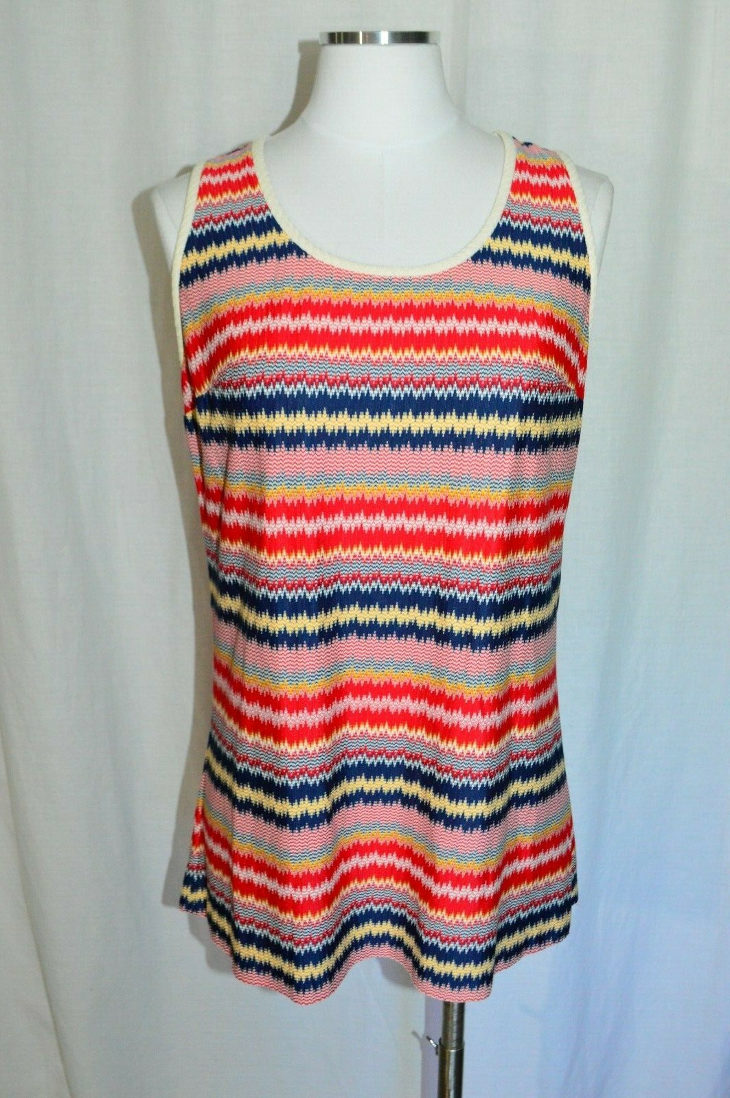 Patriotic Vintage Red White Blue Yellow Striped Shirt Tunic Polyester Small