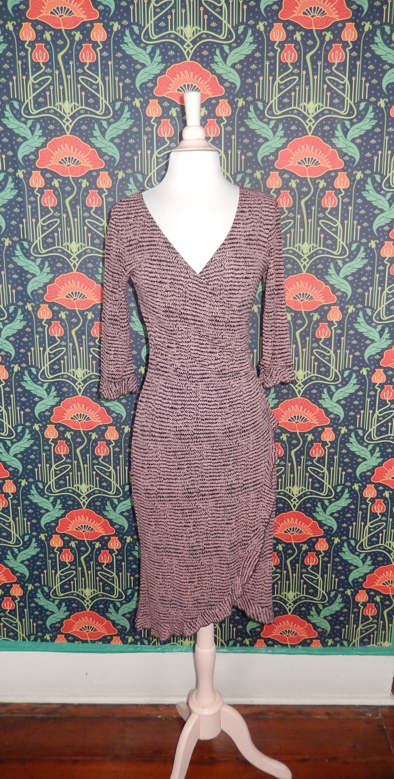 Vintage 90’s Y2K Black Pink Faux Wrap Flounce Ruffle Knit Dress XS
