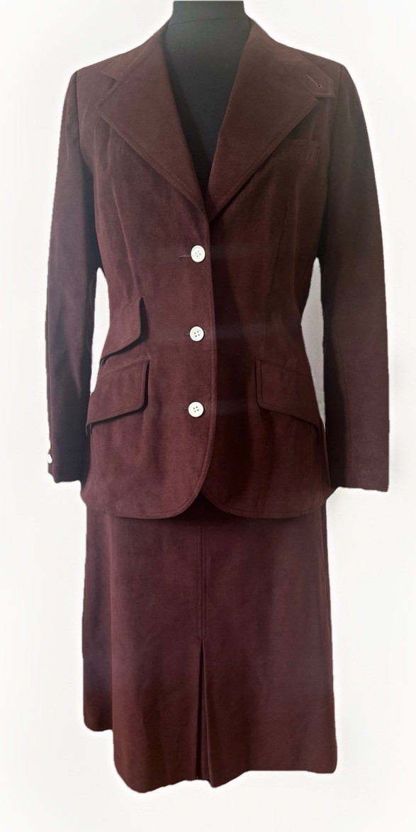 Vintage Faux Suede Skirt Suit Brown w/ White bottoms sz 12 by Ciao Sport 70’s