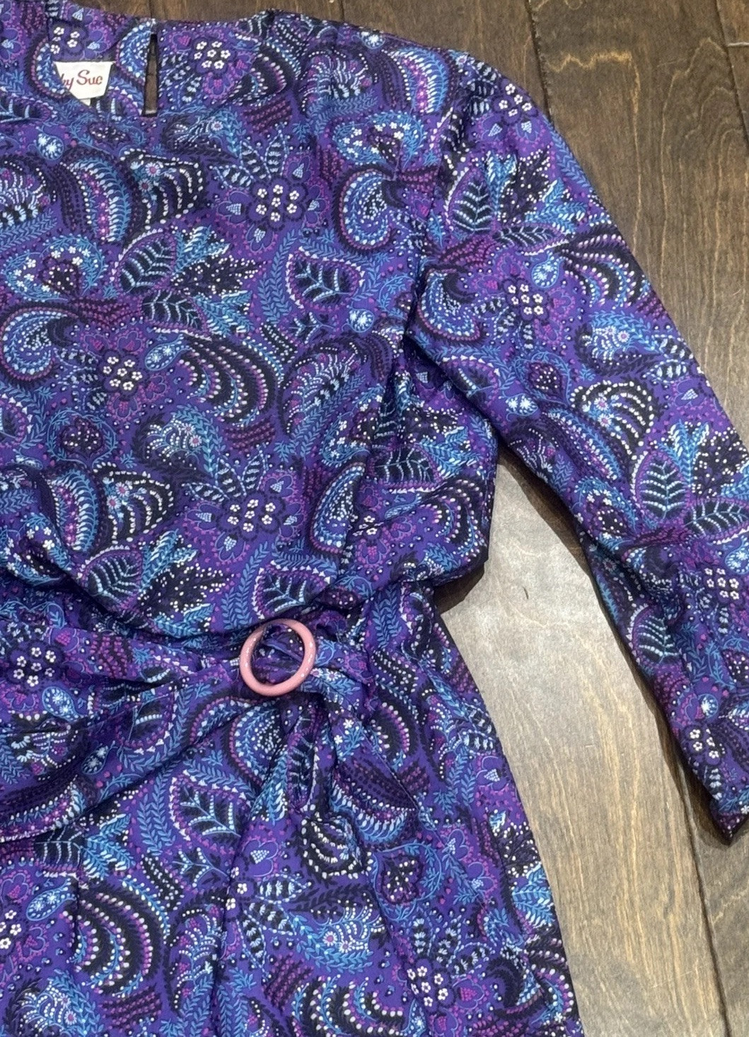 Vintage Cathy Sue Purple & Pink Multicolor Print Shoulder Pads 1980’s Dress 12