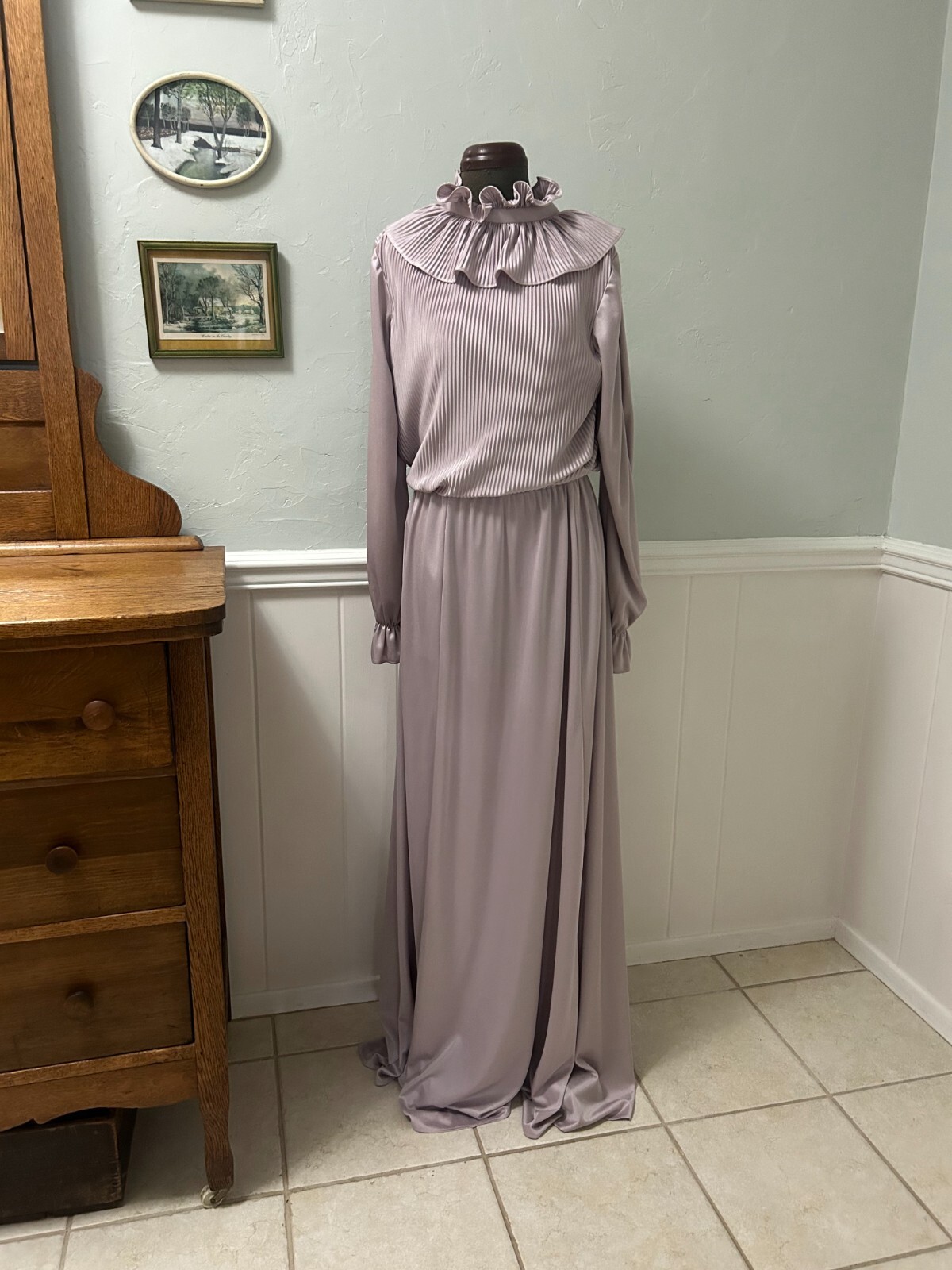 Vintage Dusty pale purple maxi dress ruffle pleated skirt 70s 80s
