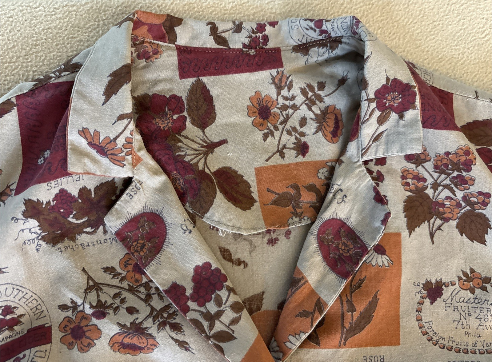 Vintage 1960’s Classic Shirtwaist Dress Tan Maroon Orange Graphics Fruit/Flowers