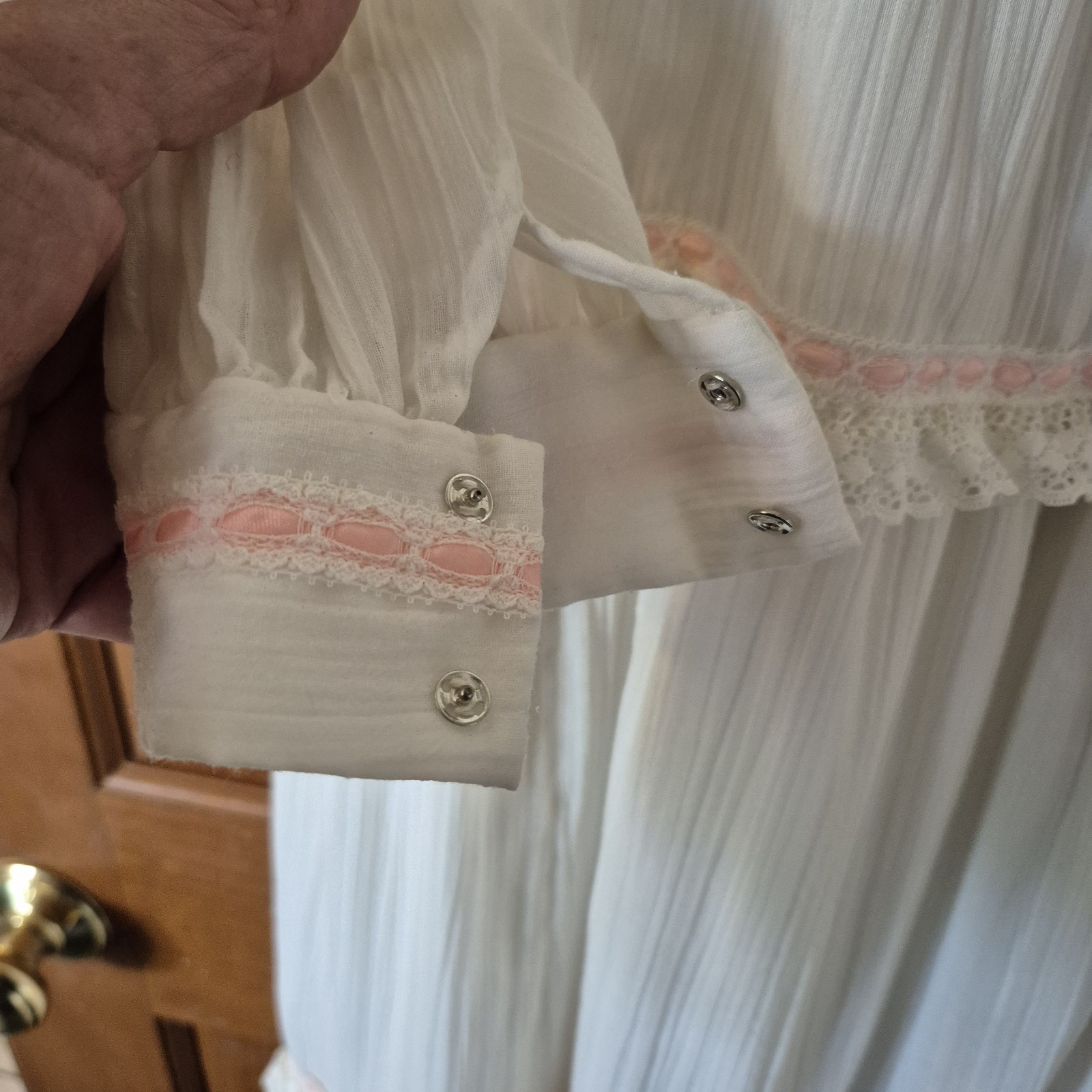 Hand Sewn, Vintage Prairie Dress, Long White Cotton Gauze, Pink Ribbon Size 12