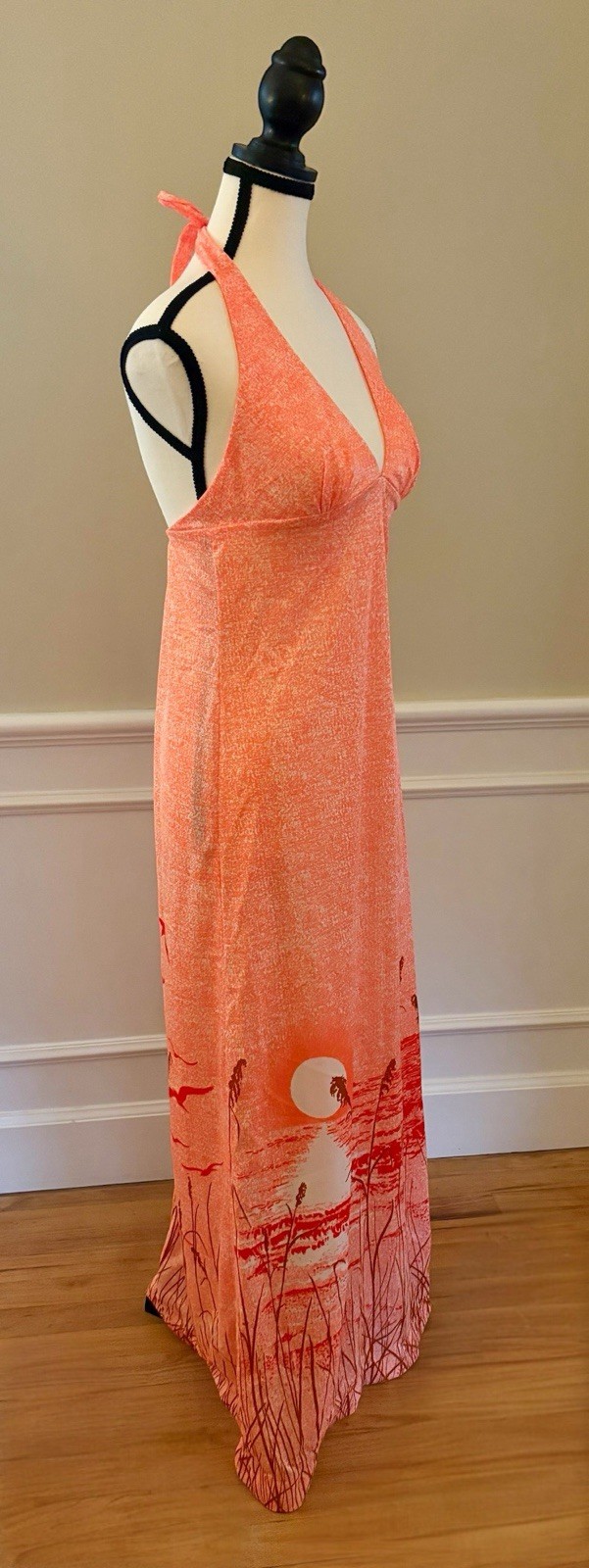 High Tide 1970s Orange Nylon Sunset Print Halter Maxi Dress Size 11/12