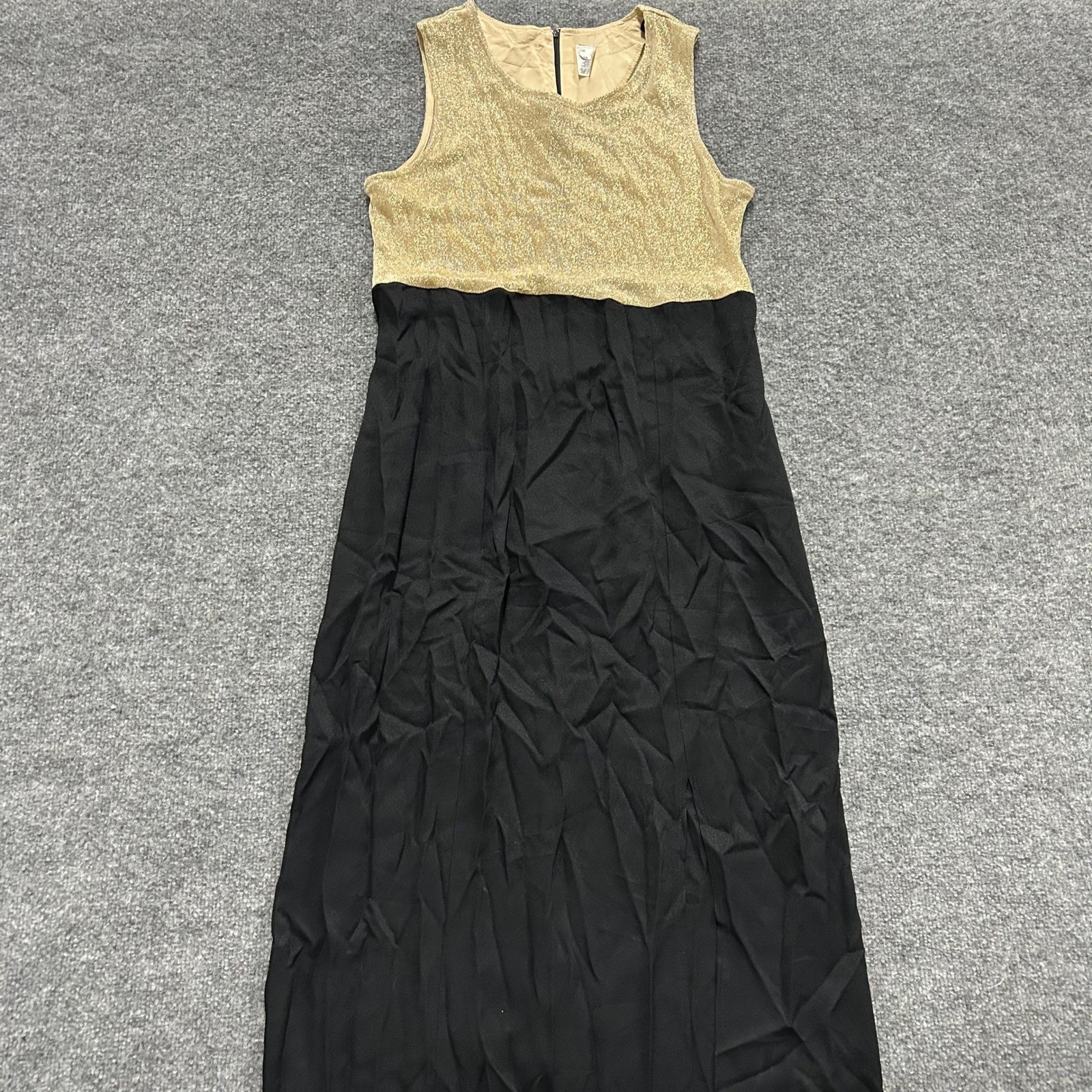 Vintage Maxi Dress Womens Size 14 Gold Lurex Black Sleeveless Evening Gown USA