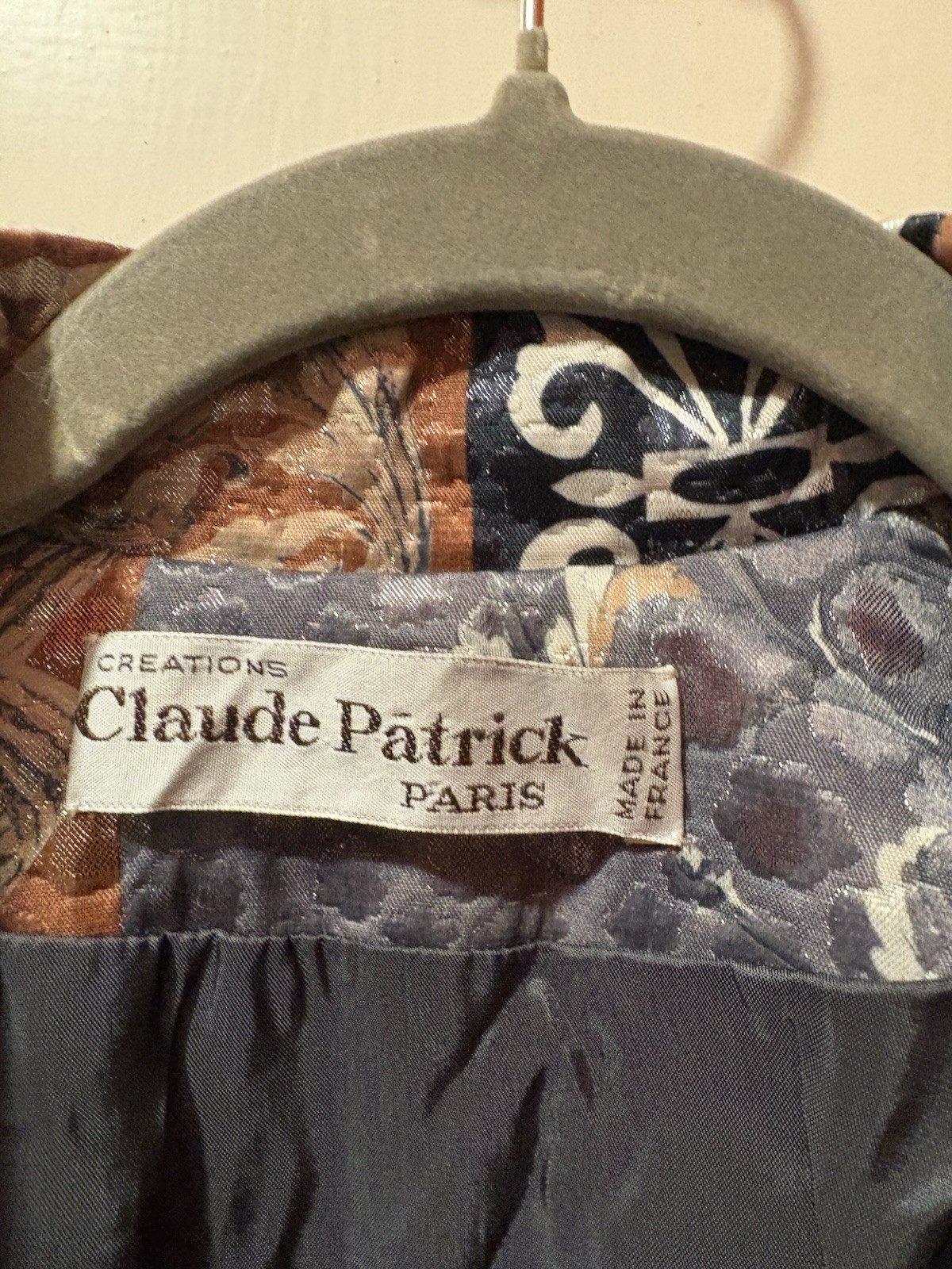 Vintage Claude Patrick Paris Gray Oversize Patchwork Tapestry Long Jacket Art