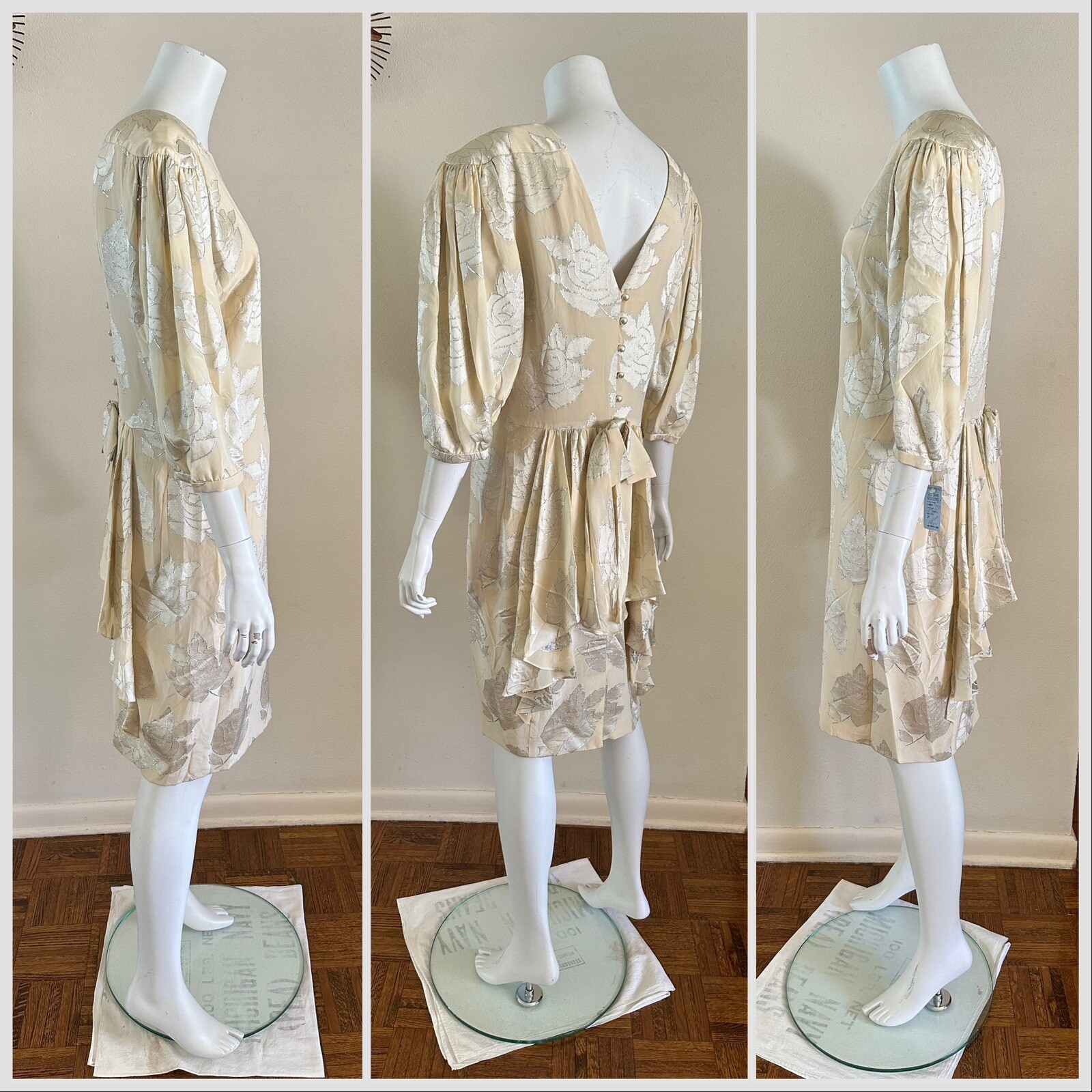 1980s Hanae Mori Silk Dress Metallic Rose Damask Bow Frost Bros VTG