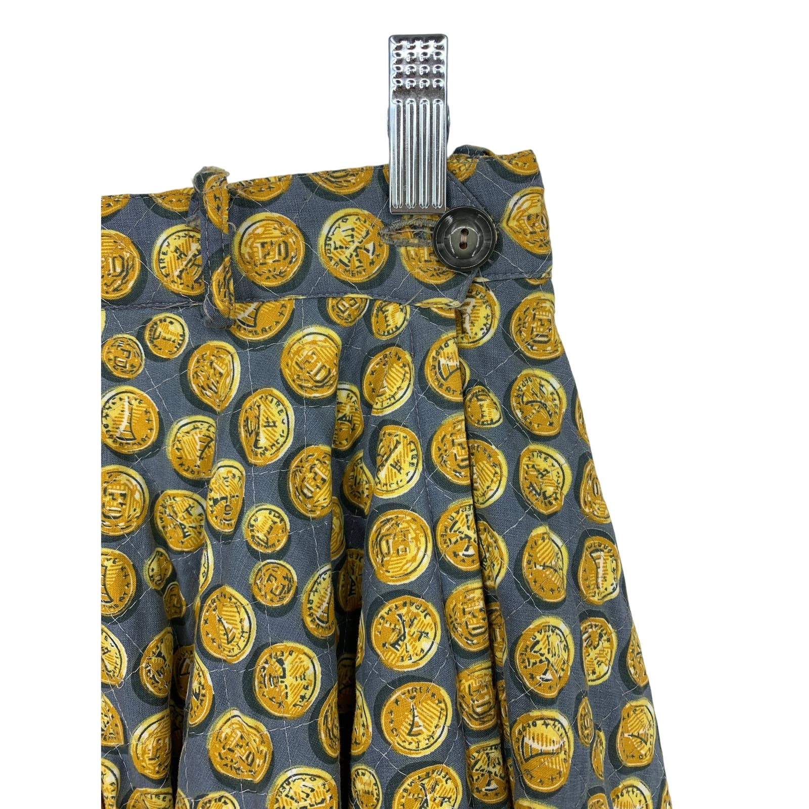 Vintage 50s Women’s XXS/XS Quilted Coin Print Novelty A-Line Skirt Yellow Gray