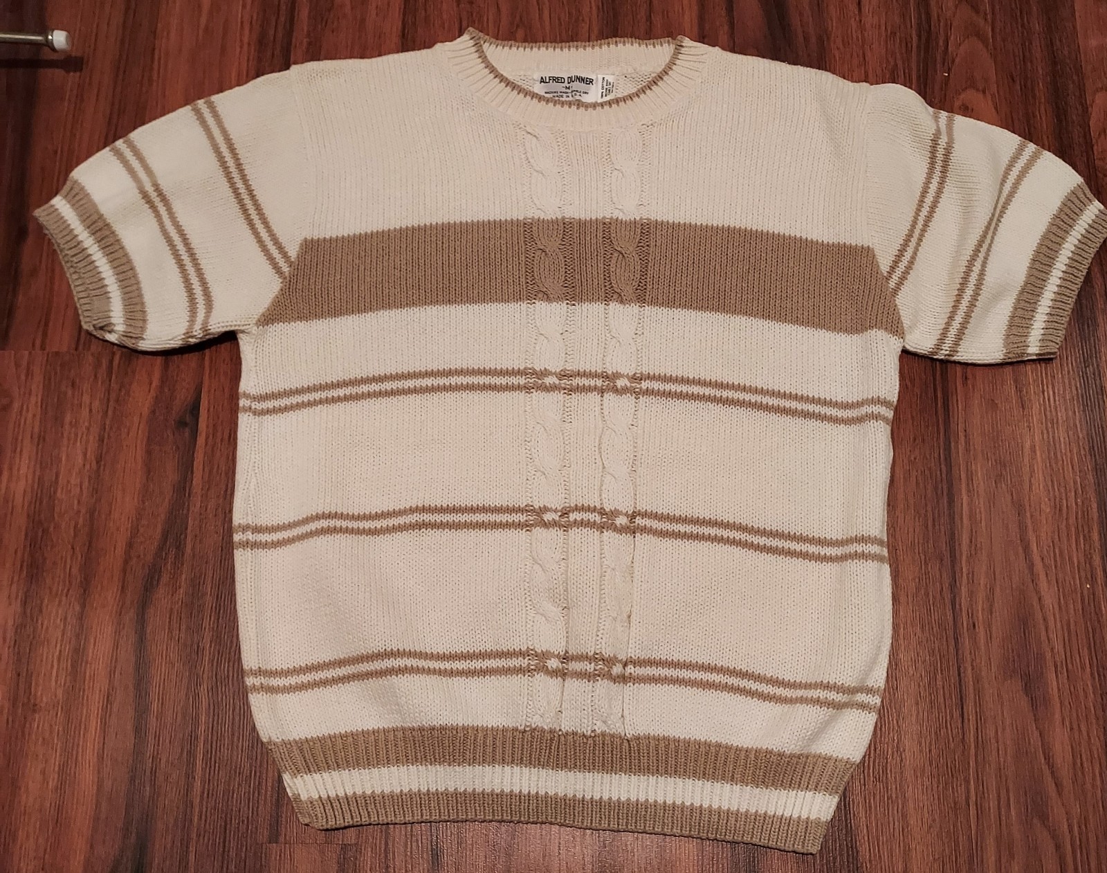 Vtg Alfred Dunner M Short Sleeve Cream Striped Knit Sweater 100% Cotton USA