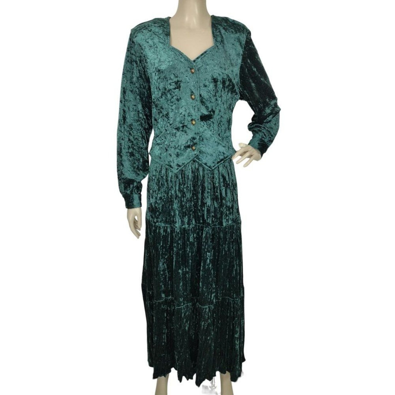 Vintage 70s Western Boho Prairie Green Crushed Velvet Tiered Maxi Skirt Top Set