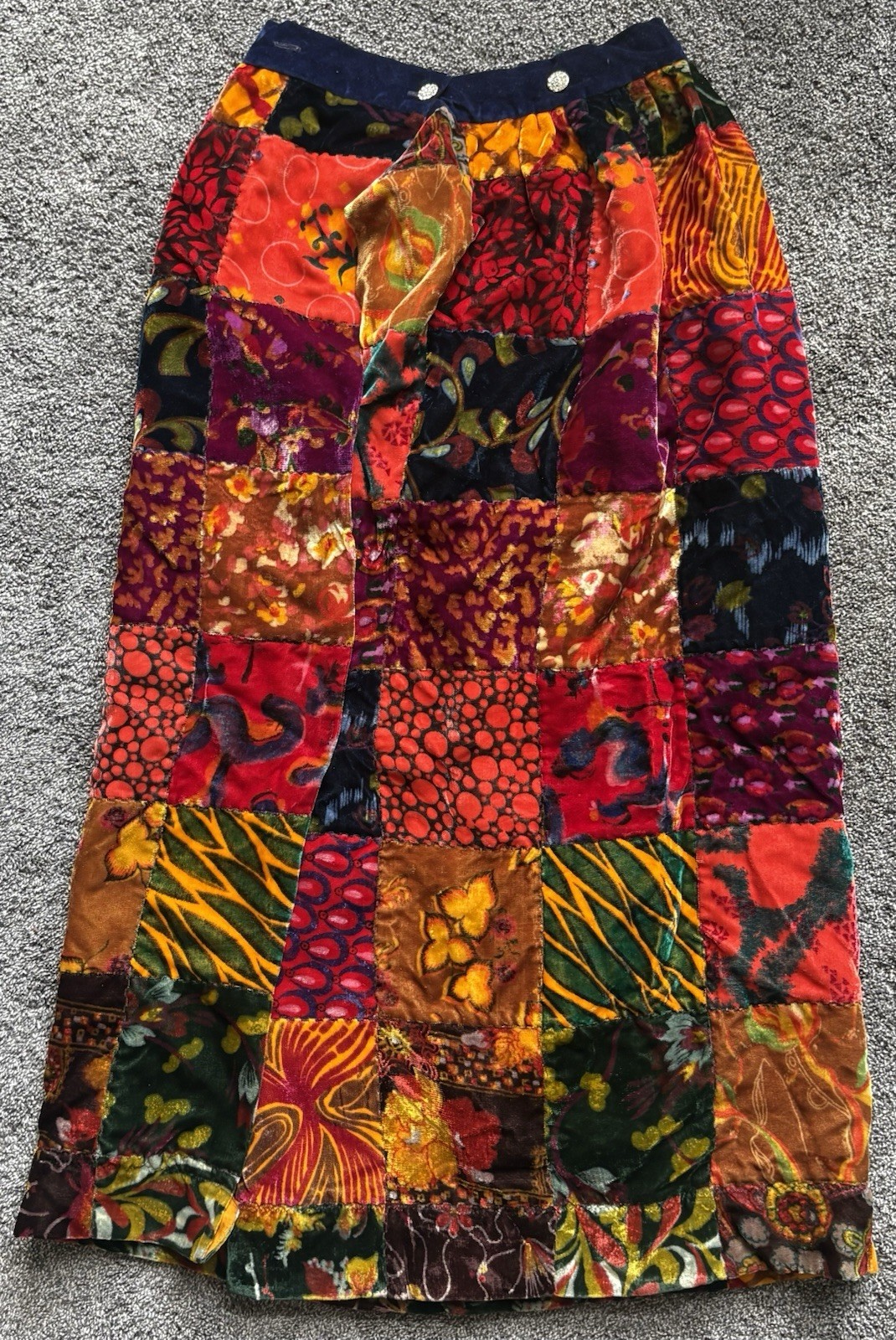Vintage 1970s Velvet Patchwork Maxi Skirt Eclectic Mix Floral Geometric Vibrant