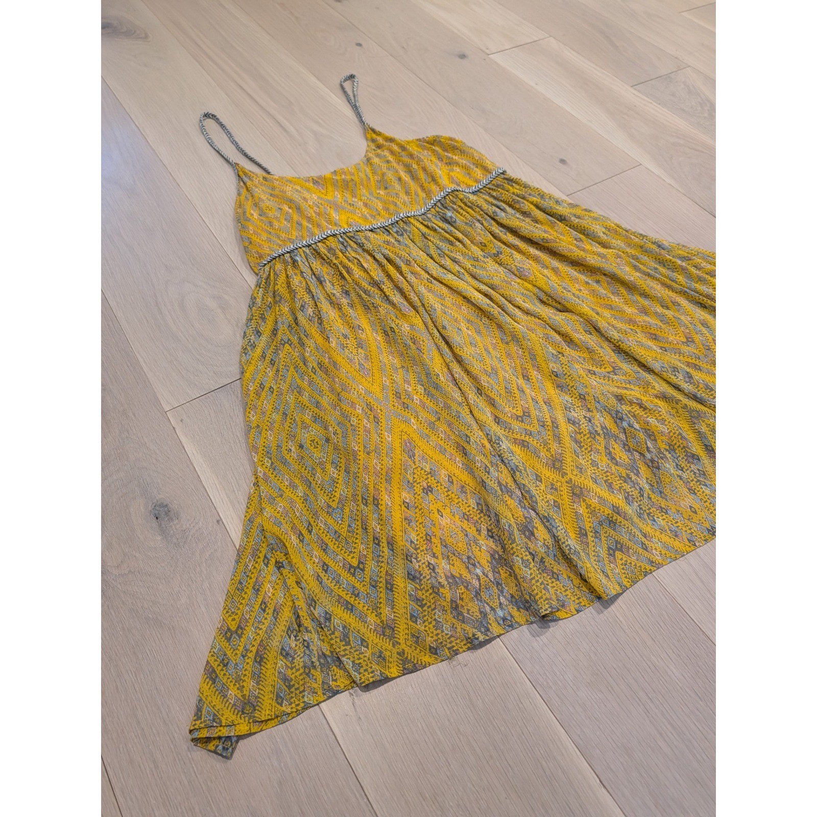 Free People Boho Yellow Geometric Mini Dress Braided Trim Small