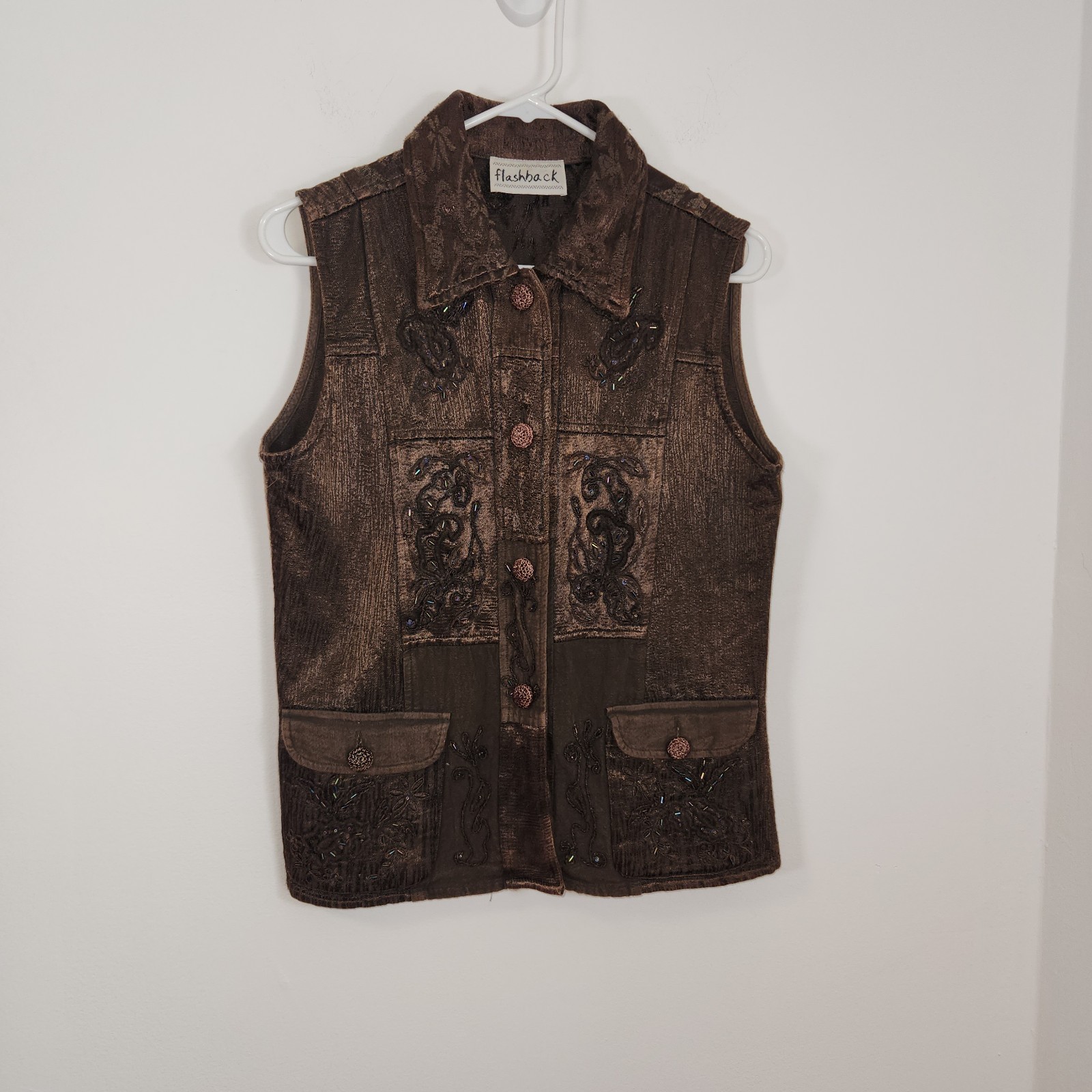 Flashback Chocolate Brown Patchwork Tapestry Vest w/ beaded embellishment MEDIUM