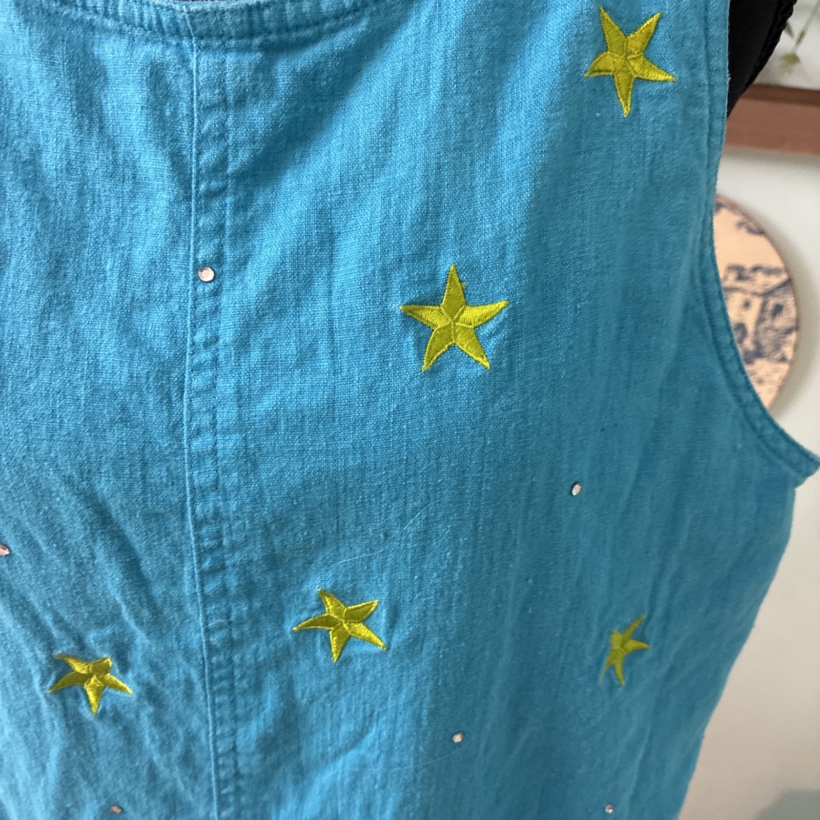 Vintage Quaker Factory Large Aqua Blue Celestial Linen/ Rayon Dress Pocket